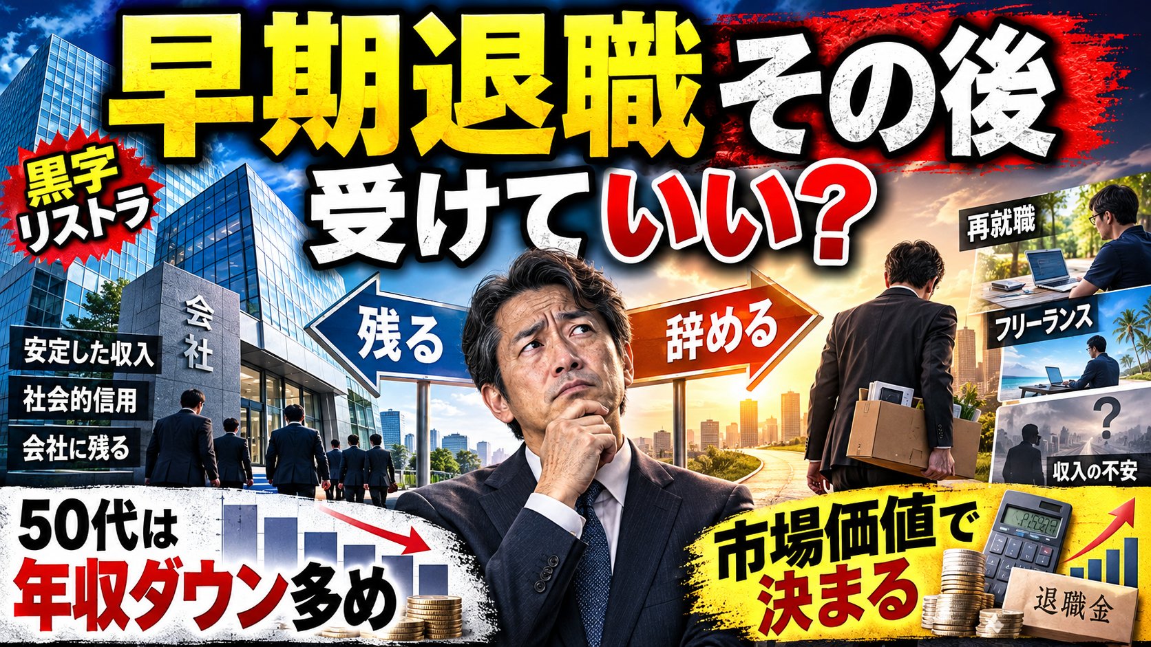早期退職のその後、受けていい？黒字リストラで残るか辞めるか。50代は転職で年収が下がる人が多め、受けてよいかは市場価値で決まる