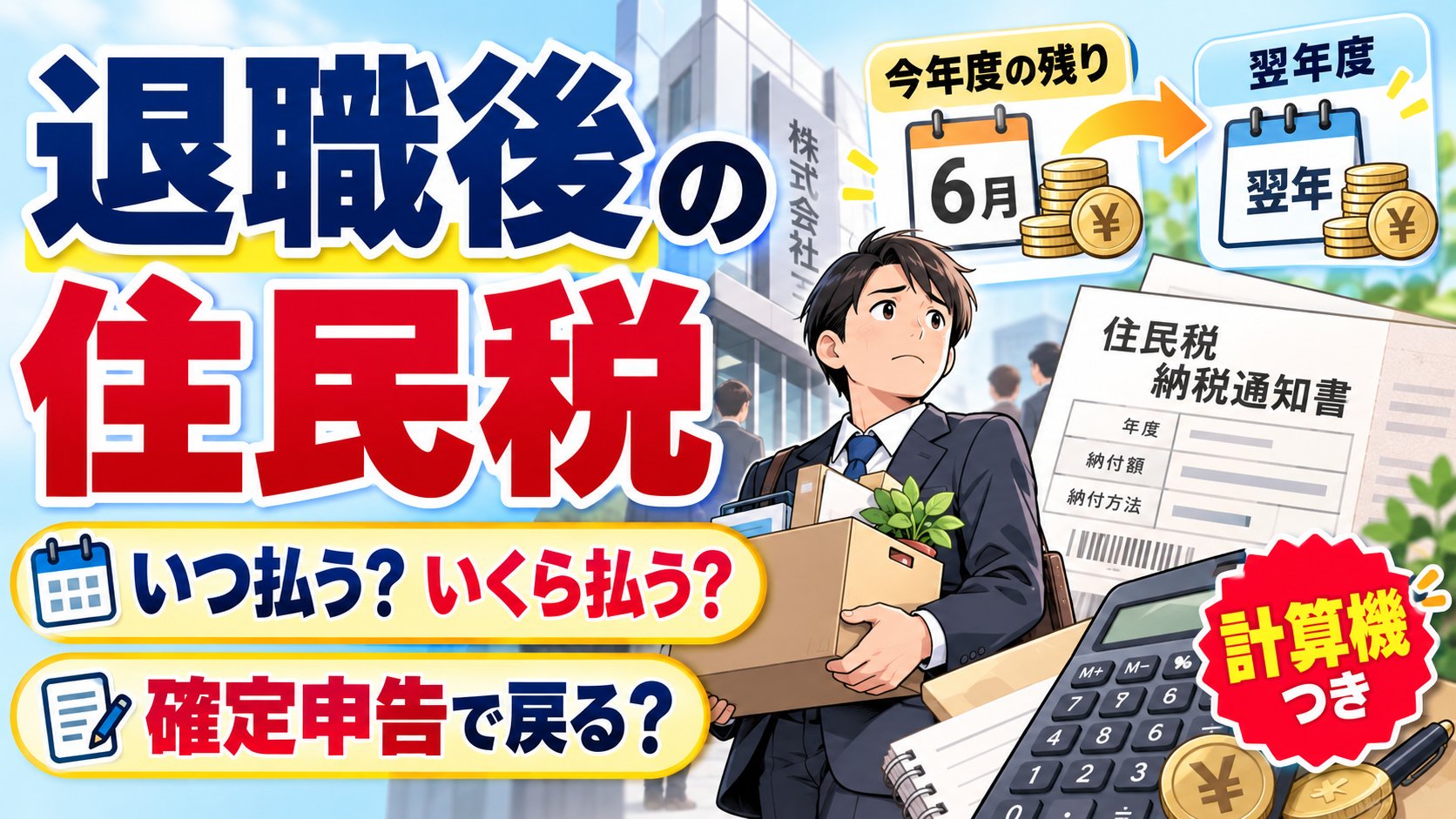 退職後の住民税 いつ払う？いくら払う？確定申告で戻る？（計算機つき）。今年度の残りと翌年度の住民税、納税通知書と電卓を前にした退職者
