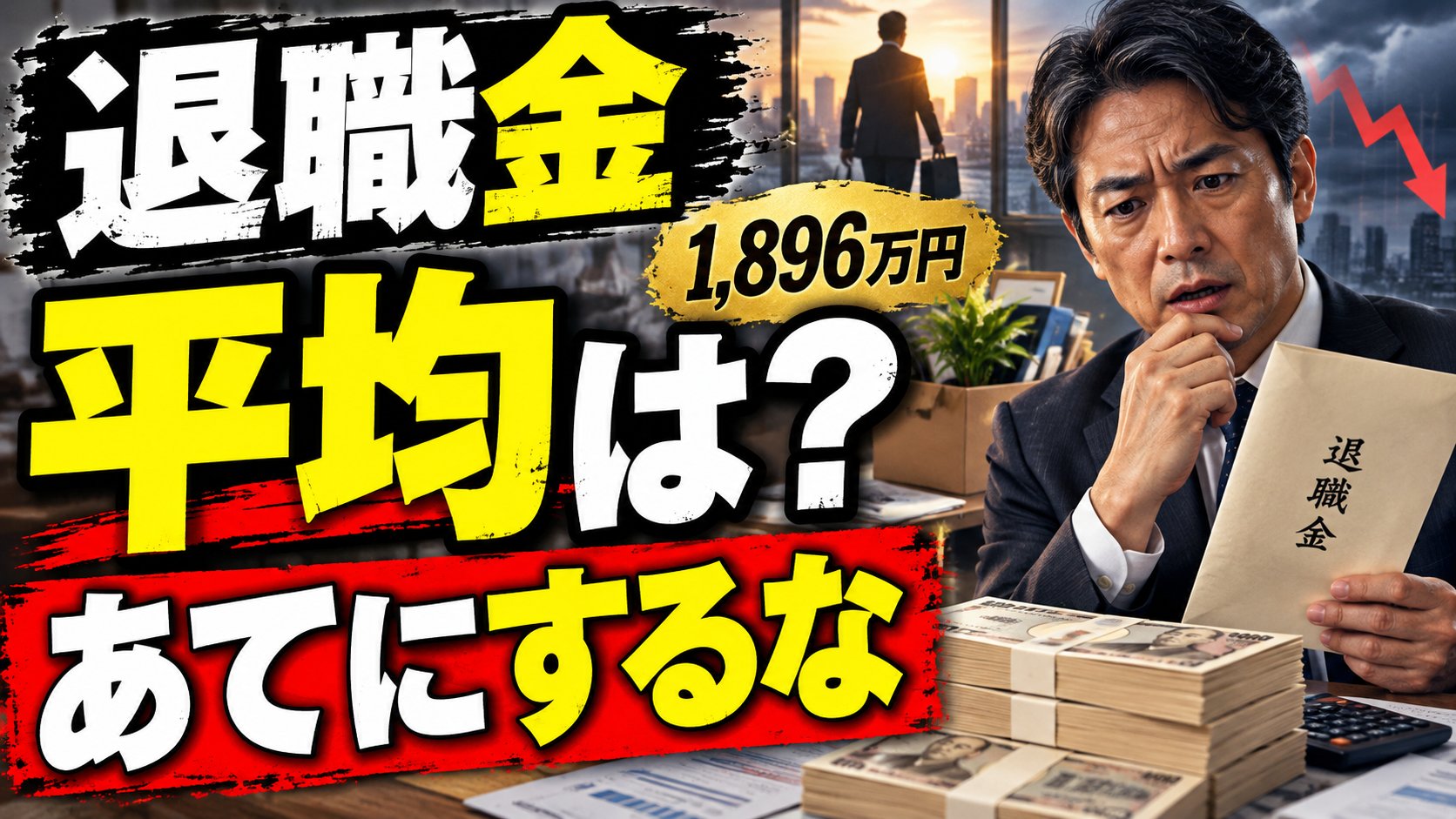 退職金の平均はいくらか、あてにしてよいか：退職金の封筒を見て考える会社員と札束