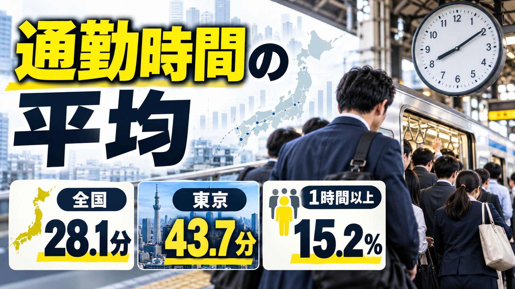 通勤時間の平均：全国28.1分、東京43.7分、片道1時間以上15.2%。駅のホームで電車に乗り込む会社員たちと時計