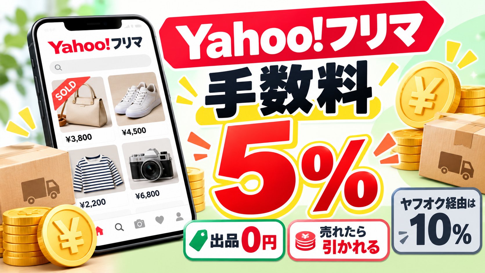 Yahoo!フリマの手数料は5%。出品は0円、売れたら引かれる。ヤフオク経由で売れた場合は10%