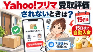 Yahoo!フリマの受取評価｜されなくても購入日の15日後の正午ごろに売上金に入る。依頼ボタンは購入から7日後、ゴールド出品者は配達完了の24時間後から入金申請。評価のしかたと、いつ入るかの計算つき
