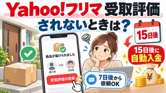 Yahoo!フリマの受取評価｜されなくても購入日の15日後の正午ごろに売上金に入る。依頼ボタンは購入から7日後、ゴールド出品者は配達完了の24時間後から入金申請。評価のしかたと、いつ入るかの計算つき