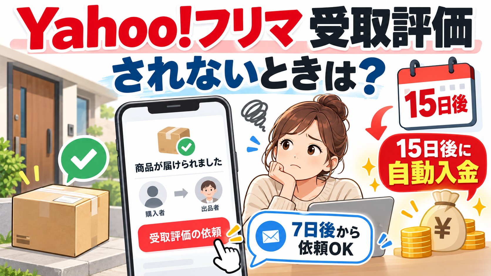 Yahoo!フリマで受取評価されないとき。購入日の15日後に自動で売上金に入り、購入から7日後から受取評価の依頼ができる