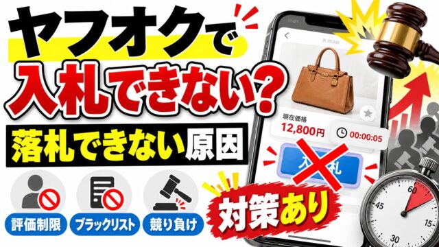 ヤフオクで入札できない・落札できない理由｜表示ごとの原因と評価制限の条件。出品者の私が取り消す相手と、競り負けを減らす入札予約・ビッドマシーン