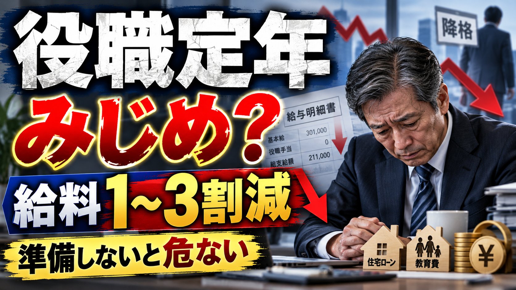 役職定年はみじめ？給料1〜3割減、準備しないと危ない（住宅ローンと教育費を前に悩む50代の会社員）