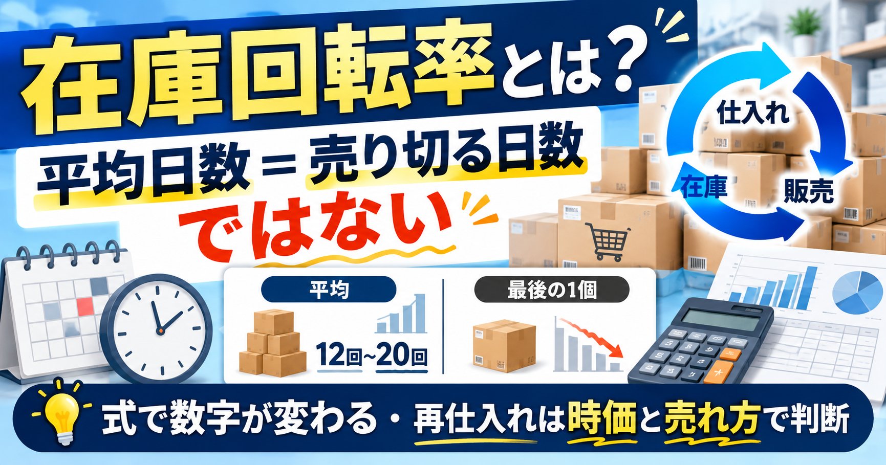 在庫回転率とは？平均日数は売り切る日数ではない。式で数字が変わる、再仕入れは時価と売れ方で判断